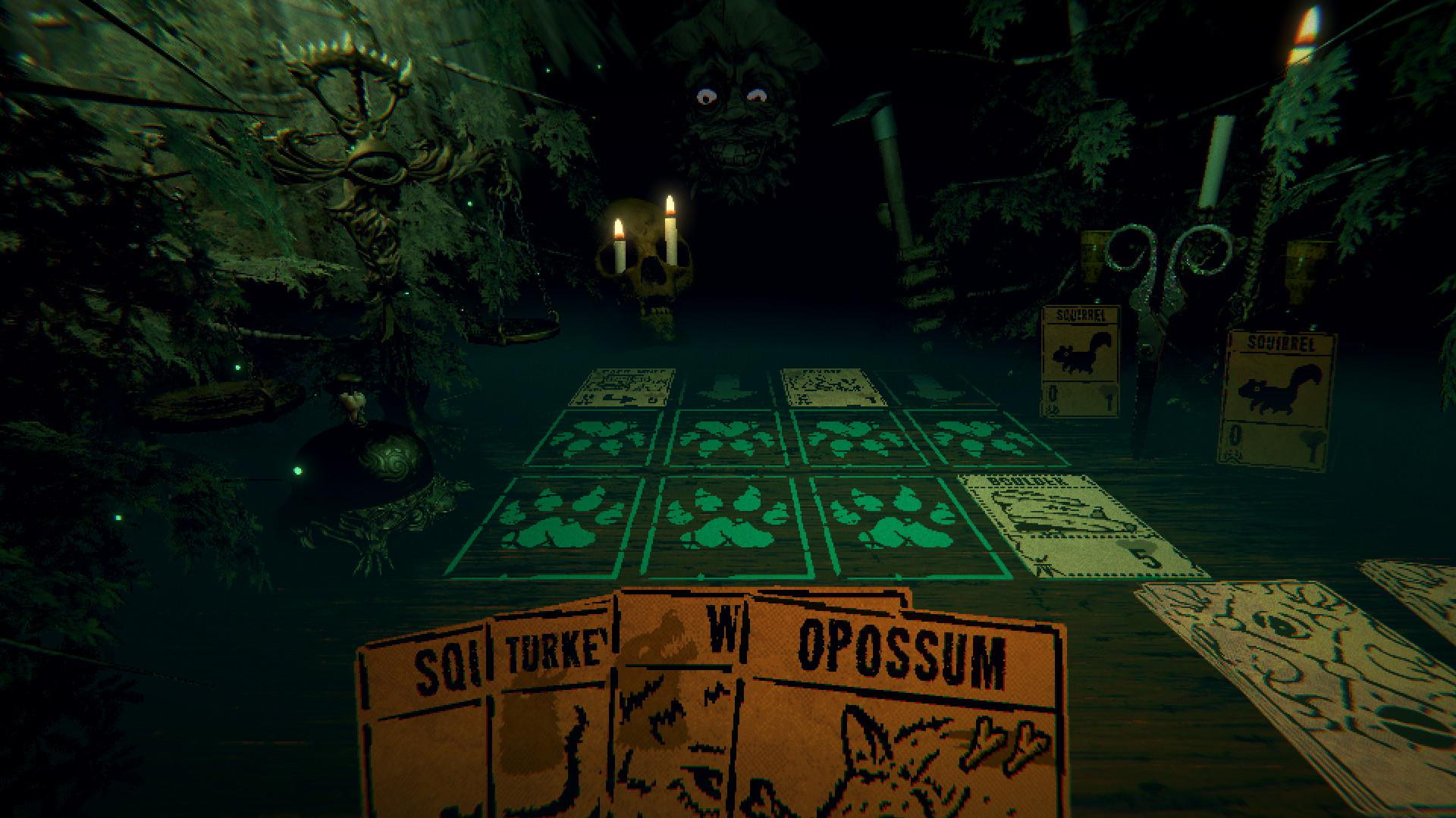 A dimly lit board stretches out in front of the viewer, covered in cards and tchotchkes. A green face hovers in the darkness across the table, leering at you