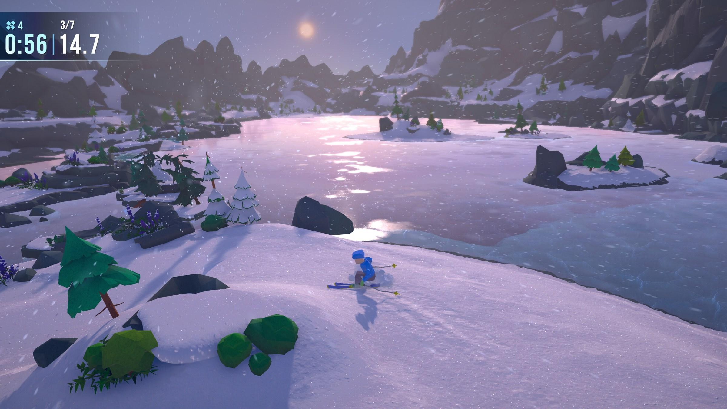 A polygonal skier glides past a frozen lake in front of a low sun in Lonely Mountains: Snow Riders